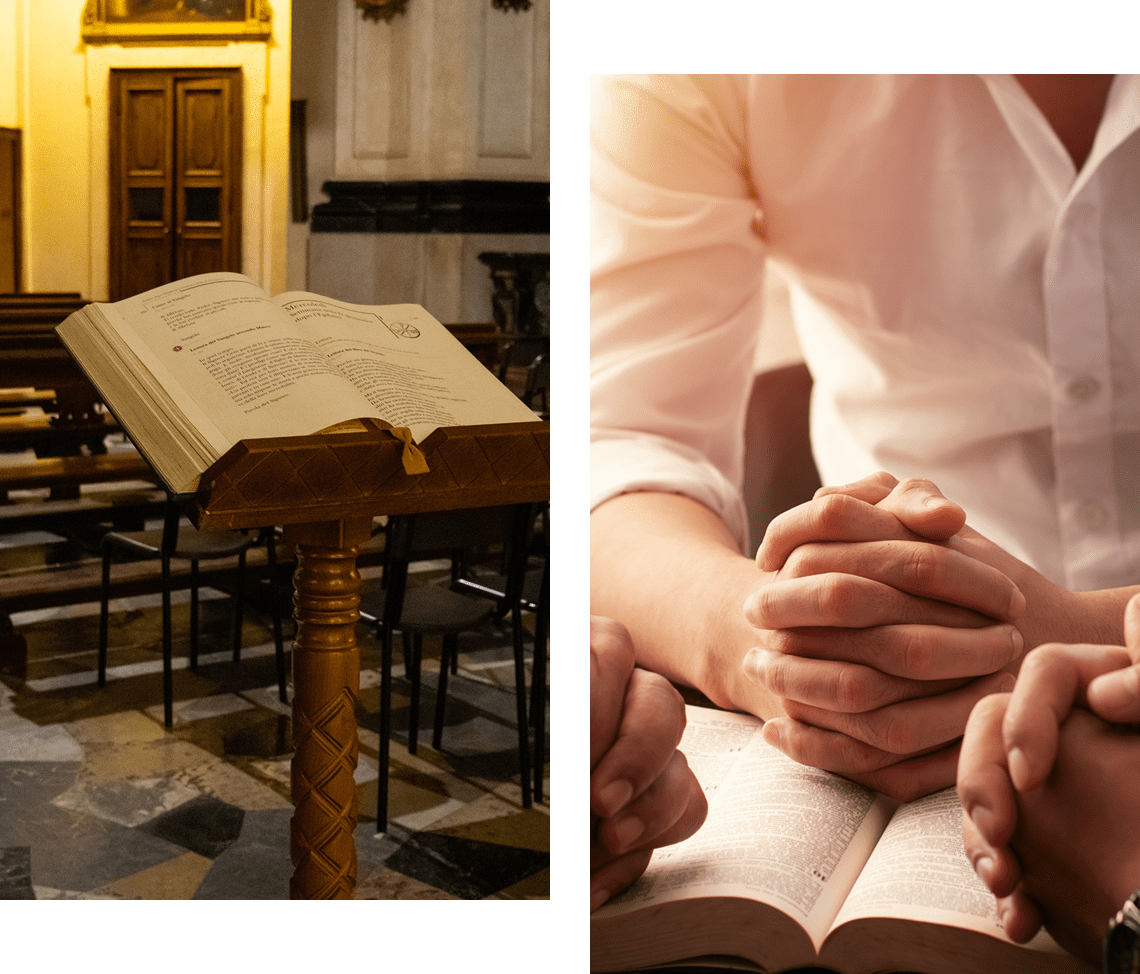 People holding hands over Bible