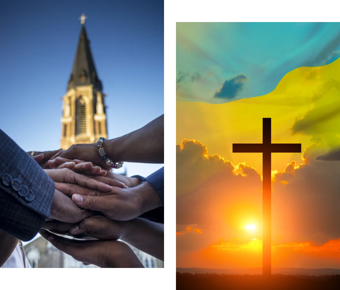 Hands united in front of church steeple