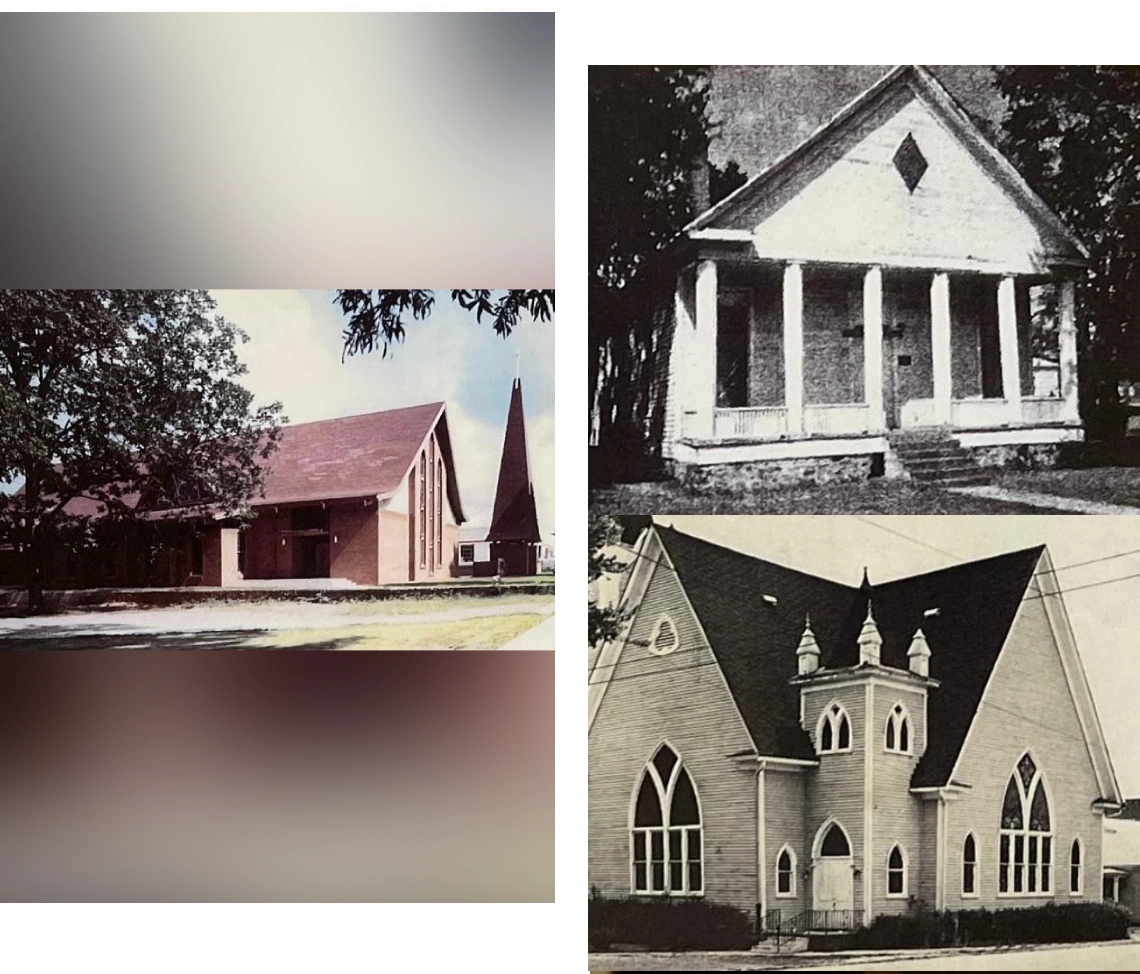 Collage of three old black-and-white photos of historic houses with distinct architectural styles.