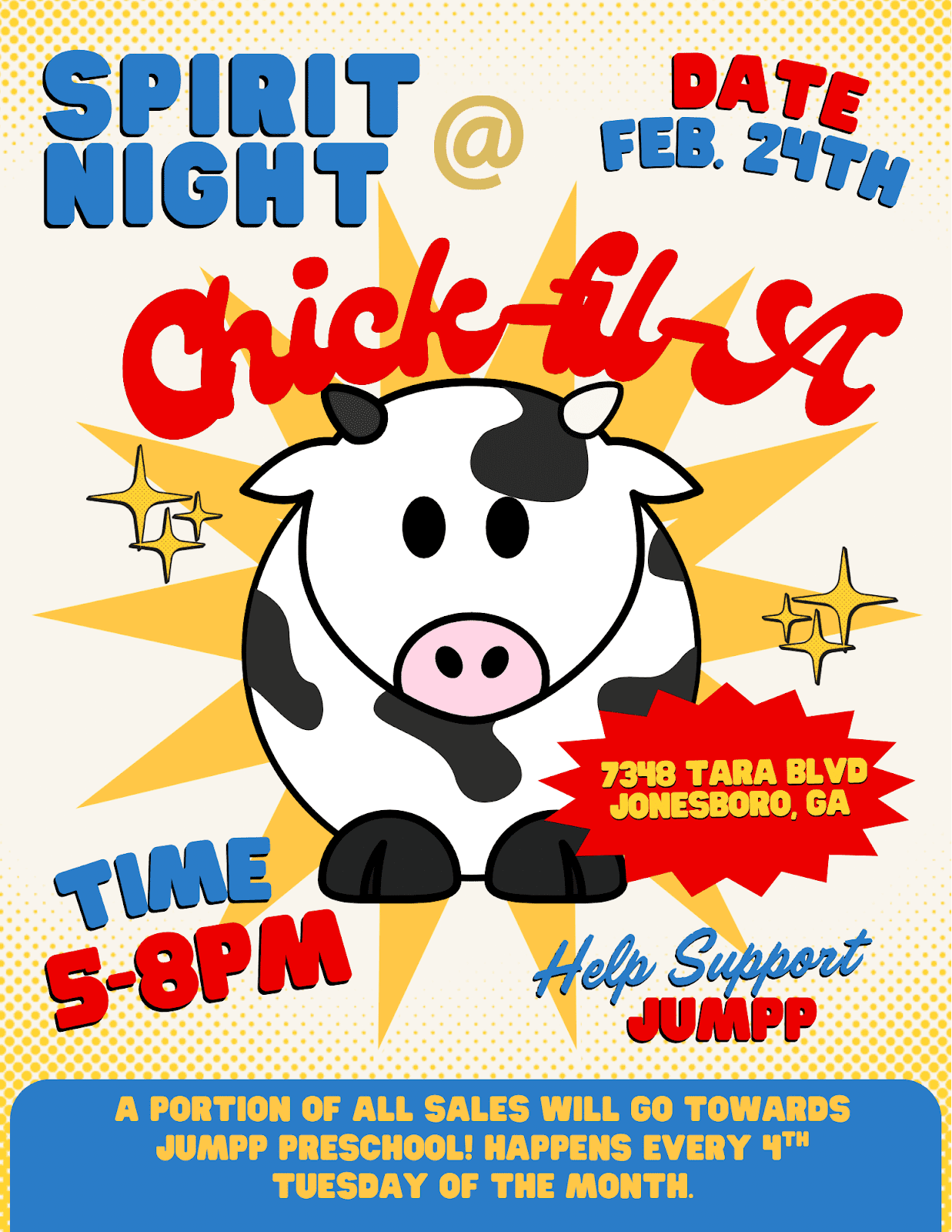 Cartoon cow promoting Chick-fil-A night event on Feb 29, 5-8 PM in Jonesboro, GA.