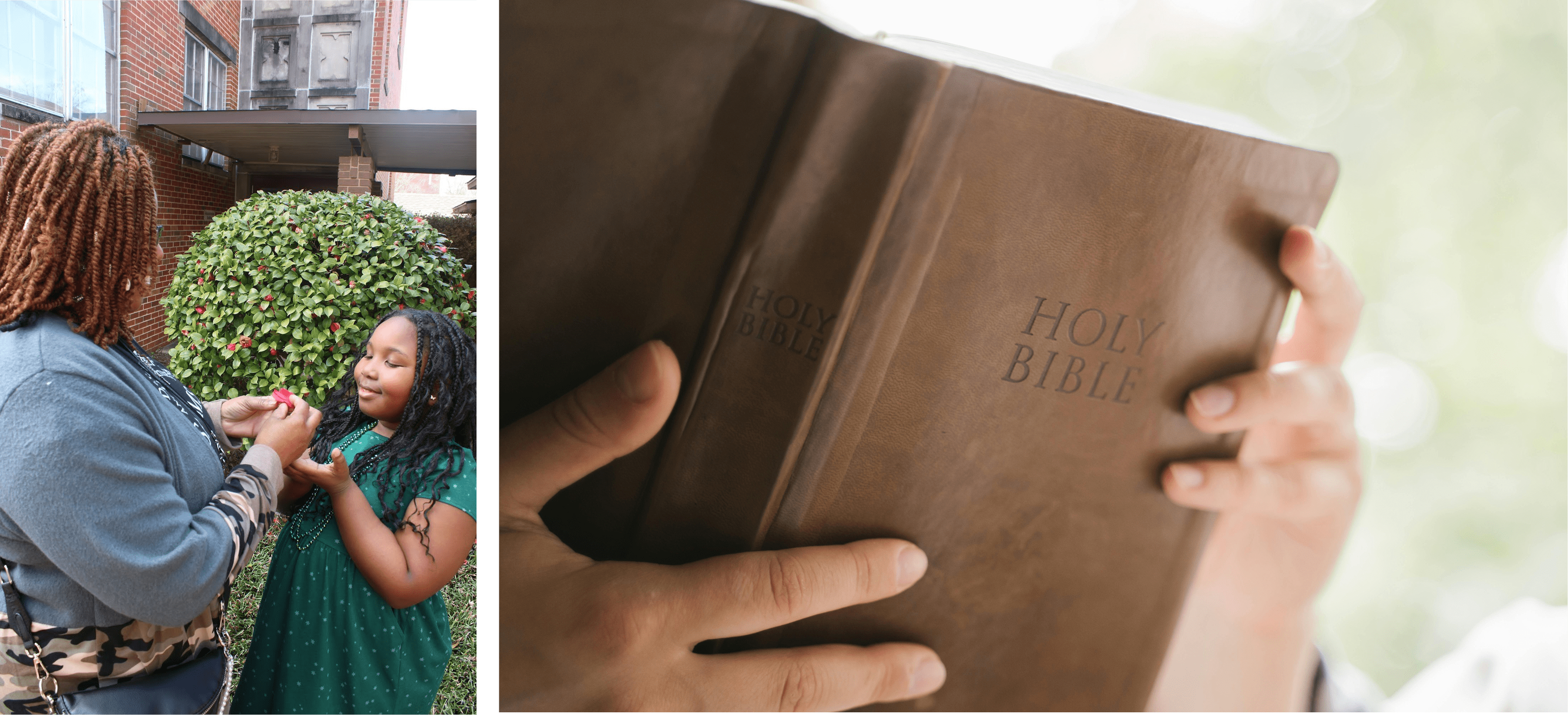 A person holding a closed Holy Bible with one hand.