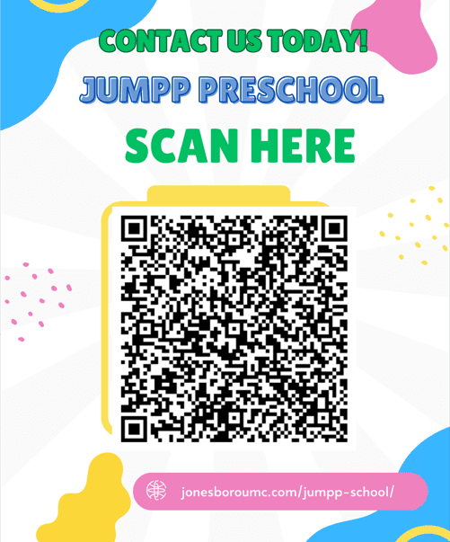 Promotional flyer for Jumpp Preschool with a QR code to scan.